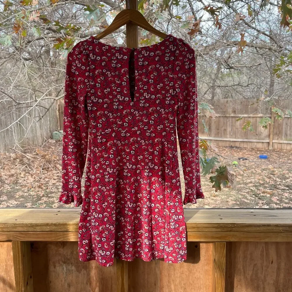 Free People Say Hello Mini Dress Red Floral Long Sleeves Size S